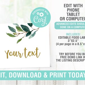 Puede incluir: Plantilla de etiqueta de comida editable con un diseño de rama de hojas verdes. La etiqueta mide 7,6 cm por 6,4 cm y se puede editar con un teléfono, una tableta o una computadora. El texto "your text" se muestra en la etiqueta.