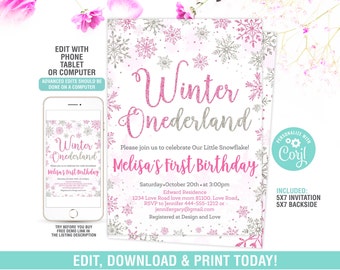 Invitación de cumpleaños de invierno de Onderland EDITABLE, invitación de primer cumpleaños con copos de nieve, invitación de fiesta de invierno de color rosa plateado para niña imprimible