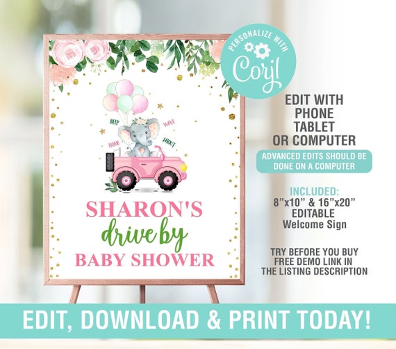 Drive By Baby Shower Sign, Elephant Drive through Baby Shower