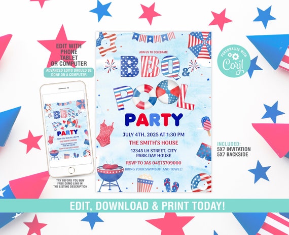 4th July BBQ Pool Party Invitation Template, July Fourth Swimming Party Invite, Editable Independence Day Invitation, Patriotic Digital