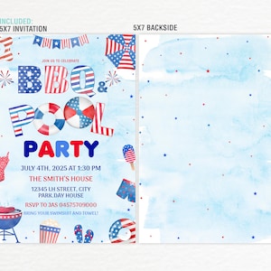 May include: Invitation for a 4th of July BBQ and pool party. The invitation features a watercolor background with red, white, and blue stars and a festive design. The text reads "Join us to celebrate BBQ & Pool Party" with the date and time of the event, the location, and RSVP information.