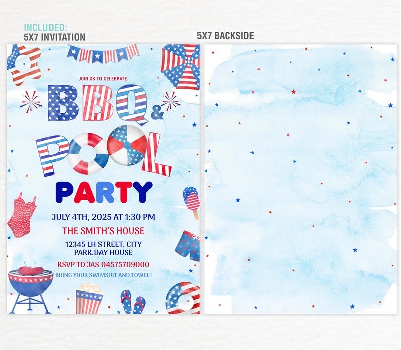 May include: Invitation for a 4th of July BBQ and pool party. The invitation features a watercolor background with red, white, and blue stars and a festive design. The text reads "Join us to celebrate BBQ & Pool Party" with the date and time of the event, the location, and RSVP information.