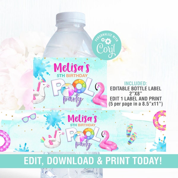 Pool Party Water Bottle Label EDITABLE, Pool Party Labels, Swimming Party, Instant Download
