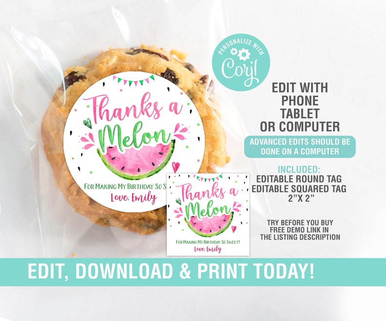 Puede incluir: Etiquetas redondas y cuadradas editables con un dise&ntilde;o de sand&iacute;a. Las etiquetas dicen "Gracias por un mel&oacute;n" y est&aacute;n personalizadas con el nombre "Emily".