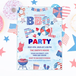 May include: A blue and red invitation for a BBQ and pool party on July 4th, 2025 at 1:30 PM. The invitation features a red, white, and blue color scheme with stars, fireworks, and other patriotic imagery. The text on the invitation reads "Join us to celebrate BBQ & Pool Party" and includes the date, time, location, and RSVP information.
