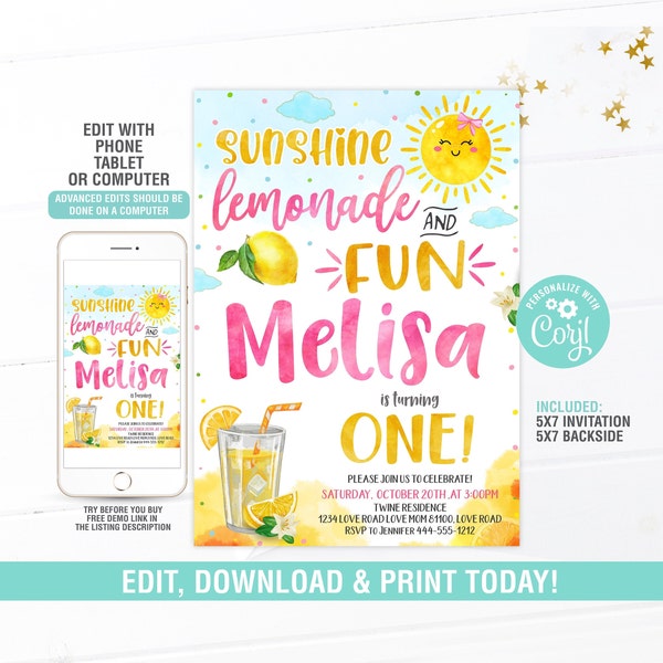 Sunshine Lemonade Birthday Invitation EDITABLE, Little Sunshine Birthday Invite, Lemon BirthDay Invitation , Digital, Instant Download