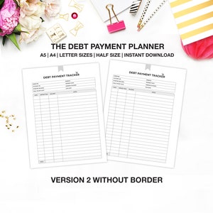 Peut inclure: Deux feuilles de suivi de paiement de dettes imprimables avec le texte "DEBT PAYMENT TRACKER" en haut de chaque feuille. Les feuilles sont sur une surface blanche avec des d&eacute;corations roses et jaunes.