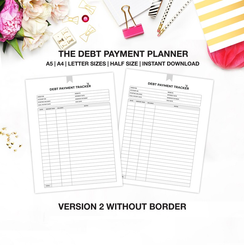 Peut inclure: Deux feuilles de suivi de paiement de dettes imprimables avec le texte "DEBT PAYMENT TRACKER" en haut de chaque feuille. Les feuilles sont sur une surface blanche avec des d&eacute;corations roses et jaunes.