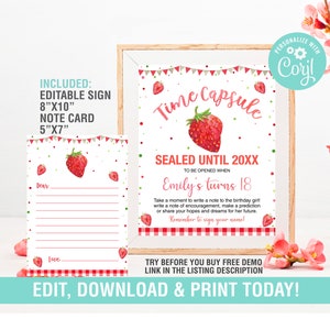 Strawberry Time Capsule Sign EDITABLE, Matching Note Cards Berry Sweet Time Capsule, 1st Birthday Time Capsule Printable