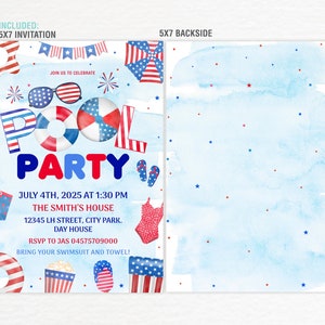 Puede incluir: Una invitaci&oacute;n de 12,7 x 17,8 cm para una fiesta en la piscina con tem&aacute;tica rojo, blanco y azul. La invitaci&oacute;n presenta un flotador de piscina, gafas de sol y fuegos artificiales. El texto de la invitaci&oacute;n dice: "&Uacute;nete a nosotros para celebrar Pool Party 4 de julio de 2025 a la 1:30 PM La casa de los Smith 12345 LH Street, City Park. Day House RSVP a Jas 04575709000 &iexcl;Trae tu traje de ba&ntilde;o y toalla!"