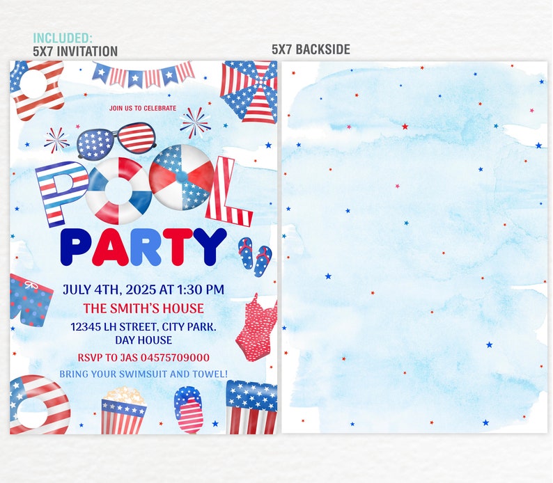Puede incluir: Una invitaci&oacute;n de 12,7 x 17,8 cm para una fiesta en la piscina con tem&aacute;tica rojo, blanco y azul. La invitaci&oacute;n presenta un flotador de piscina, gafas de sol y fuegos artificiales. El texto de la invitaci&oacute;n dice: "&Uacute;nete a nosotros para celebrar Pool Party 4 de julio de 2025 a la 1:30 PM La casa de los Smith 12345 LH Street, City Park. Day House RSVP a Jas 04575709000 &iexcl;Trae tu traje de ba&ntilde;o y toalla!"