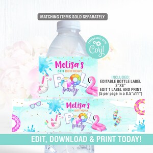 May include: Editable water bottle label with a blue and pink watercolor background. The label features a unicorn, a flamingo, a pool float, and the text "Melisa's 5th Birthday Pool Party".