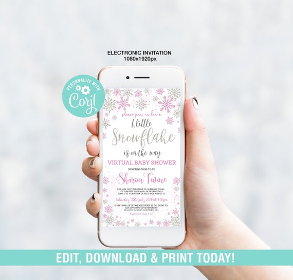 Winter Virtual Baby Shower Electronic Invitation EDITABLE, Social Distancing Baby Shower, Zoom Invitation, Snowflake Pink Invite Il_570xn
