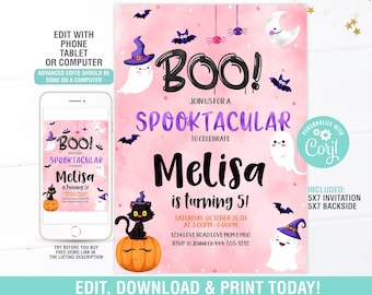 Halloween Birthday Invitation EDITABLE,Pink Cute Spooky Halloween Party Invitation Spooktacular, Halloween Theme, Instant Download