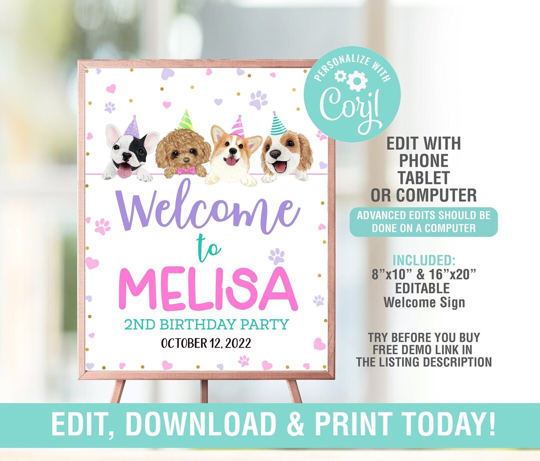 Puppy Birthday Welcome Sign EDITABLE, Dog Welcome Sign, Puppy Party ...