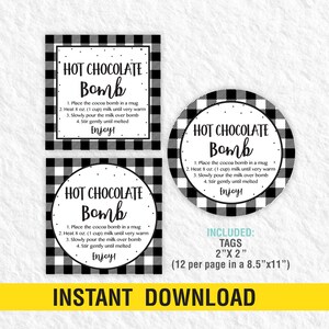 Hot Chocolate Bomb Tag PRINTABLE, Hot Cocoa Bomb Instructions Card, Christmas Cocoa Label Tag Instant Download