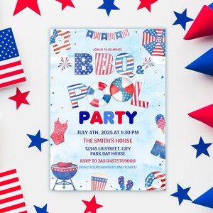 May include: Invitation to a BBQ and Pool Party on July 4th, 2025 at 1:30 PM at The Smith's House. The invitation features a watercolor design with red, white, and blue stars, fireworks, and pool floats.