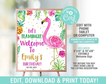 Flamingo Welcome Sign EDITABLE, Flamingo Table Sign, Flamingle Birthday Decoration, Digital Instant Download