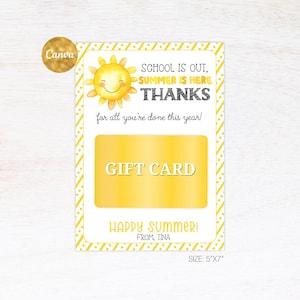 Die Schule ist aus, der Sommer ist da. Dankeschön-Geschenkkartenhalter, bearbeitbar, zum Ausdrucken, Sonnen-Lehrer-Anerkennungsanhänger, Lehrer-Geschenkkarte zum Schuljahresende