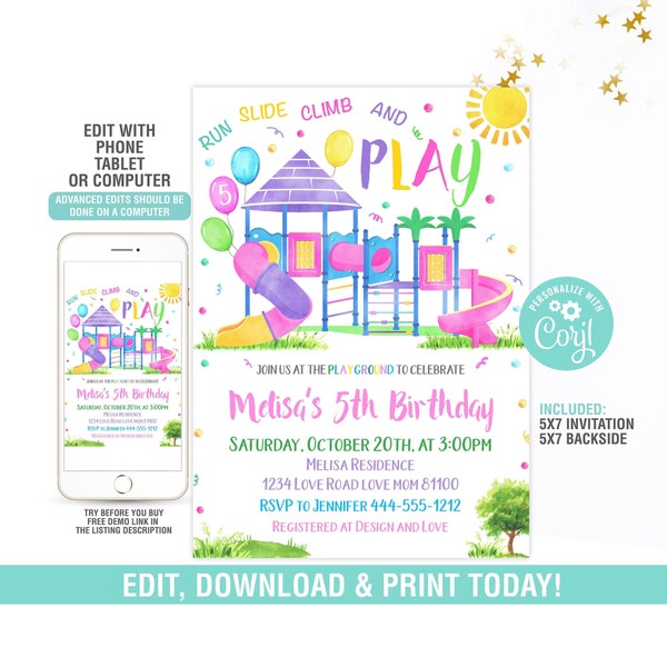 Playground Birthday Invitation EDITABLE, Park Party Invitation, Outdoor Party Invite, Instant Download