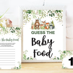 Errate das Baby Essen Wald Spiel Zeichen und Karten DRUCKBAR, Greenery Baby Essen Spiel Errate Spiel, Name die Babykost, Baby-Dusche-Spiel, Digital