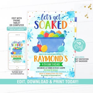 Water Balloon Birthday Invitation EDITABLE,  Water Splash Party Invitation, Summer Birthday Invite, Pool Party, Instant Download