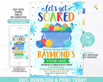 Water Balloon Birthday Invitation EDITABLE,  Water Splash Party Invitation, Summer Birthday Invite, Pool Party, Instant Download