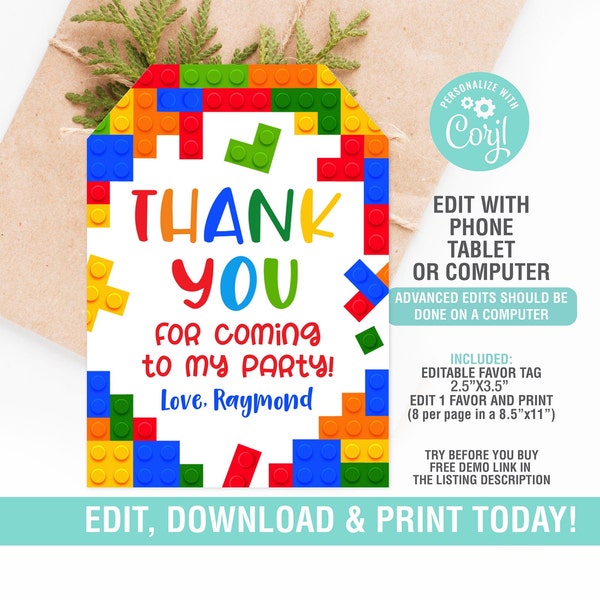 Building Blocks Party Tags EDITABLE, Building Blocks Party Favor Tags, Building Blocks Thank you Tag, Instant Download