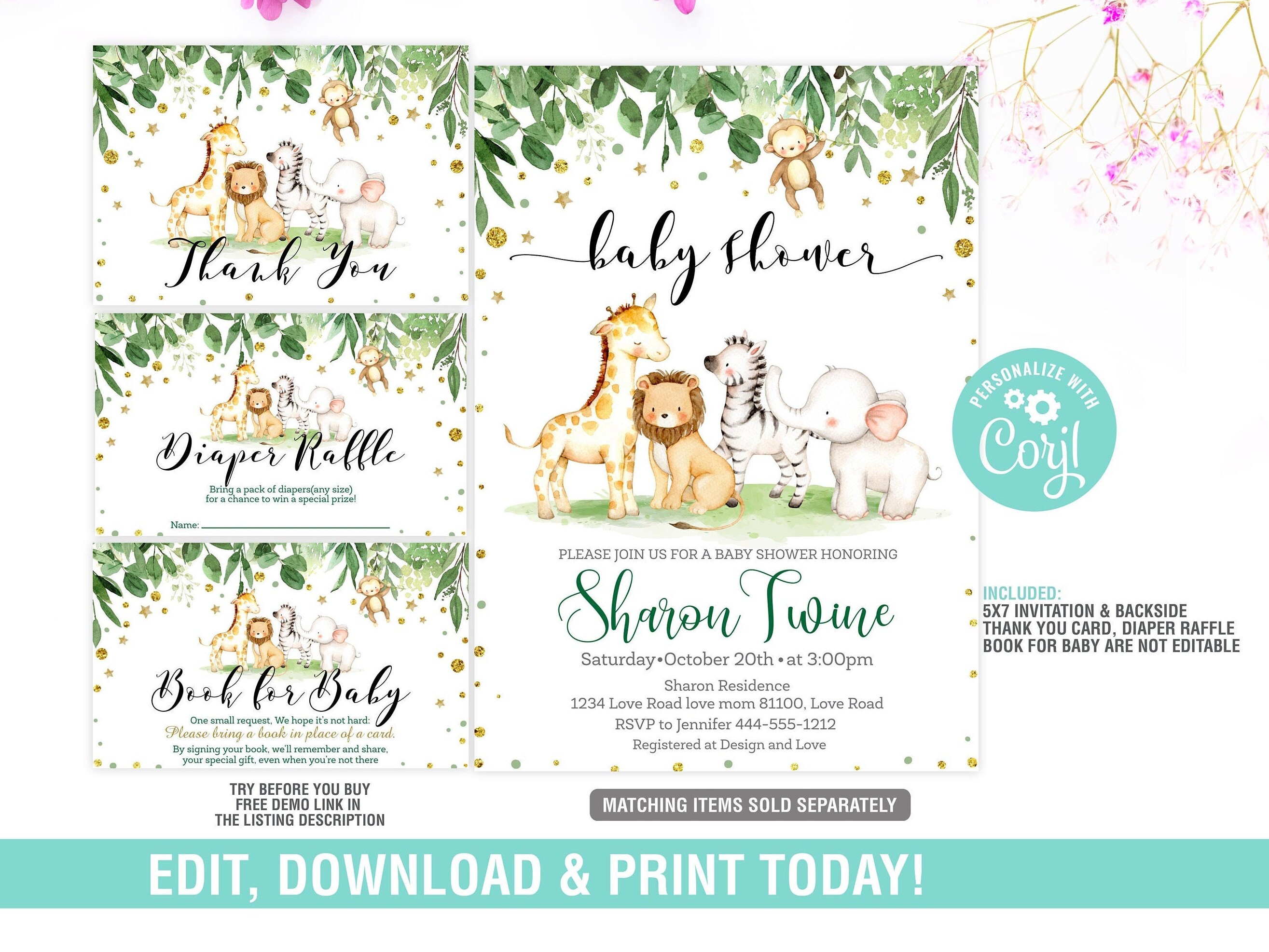 Safari Baby Shower Invitation Animal Safari Invitation Baby Etsy