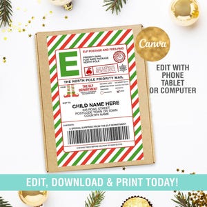 Étiquette d'expédition Elf Mail modifiable, courrier du père Noël, étiquette de boîte d'arrivée ELF mail, activités elfes, numérique