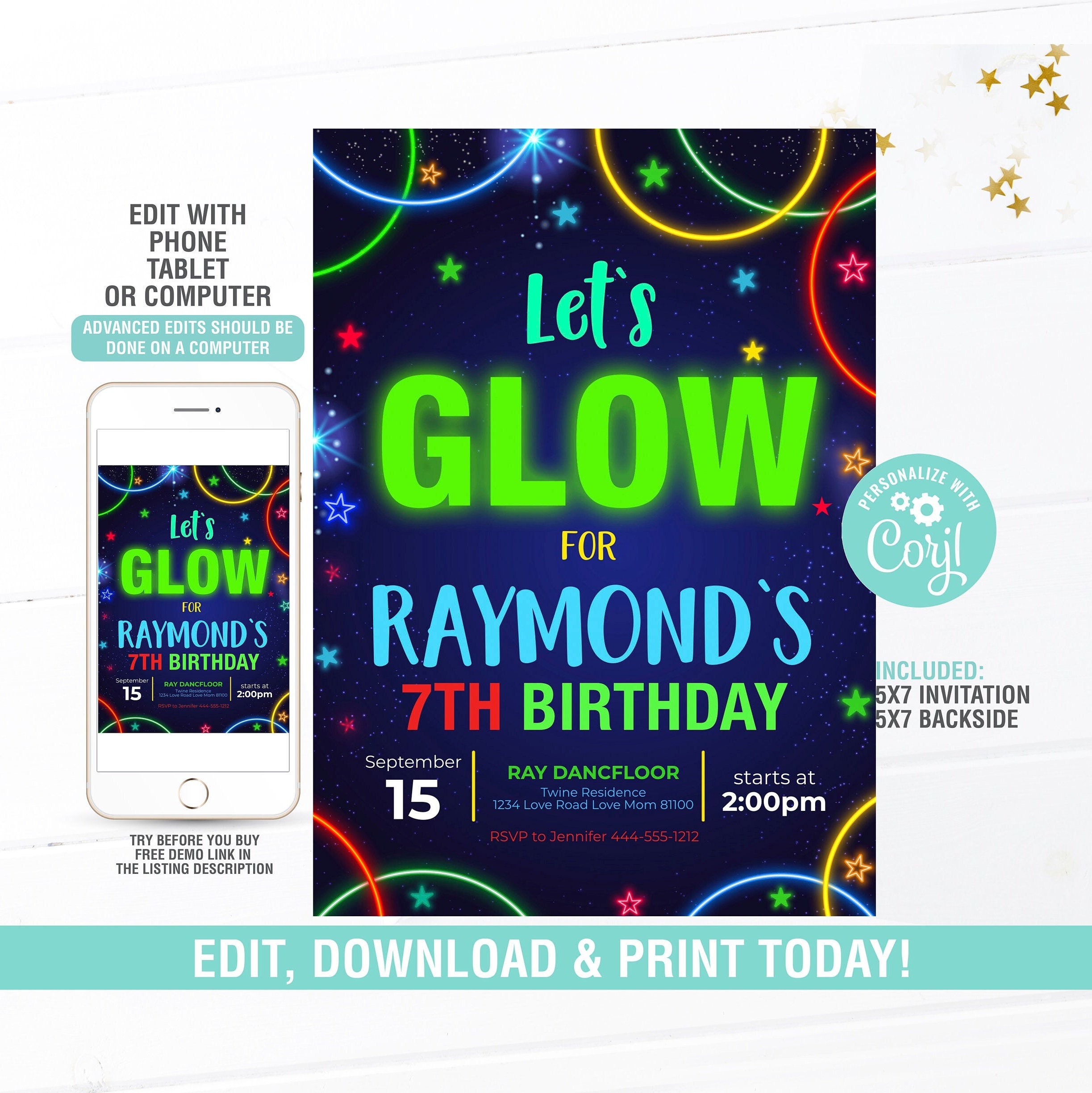 Glow Invitation EDITABLE Lets Glow Birthday Invitation Neon Glow Birthday Party Invitation Digital Instant Download
