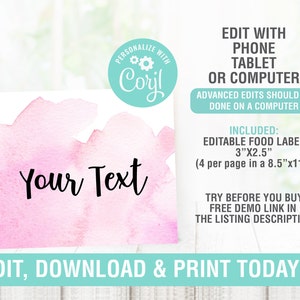 Pink Watercolor Tent Cards, Pink Food Tents, Food Label, Buffet Tag,Label, Editable Text, Pink Place Cards, Menu Place Card,Instant Download