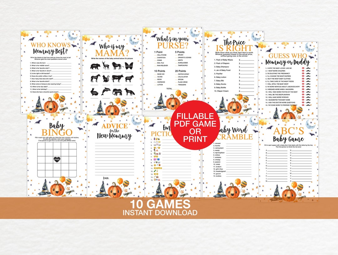 Halloween Baby Shower Games Printable Fillable, Witch Baby Shower Games ...