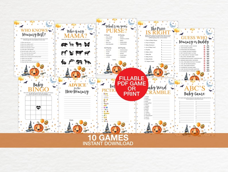Halloween Baby Shower Games Printable Fillable, Witch Baby Shower Games, Spooky Halloween Baby Shower Game Printable image 1