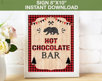 Hot Chocolate Bar SIgn, Lumberjack Baby Shower,Black red Plaid Sign, Hot Chocolate Sign Printable,Instant Download