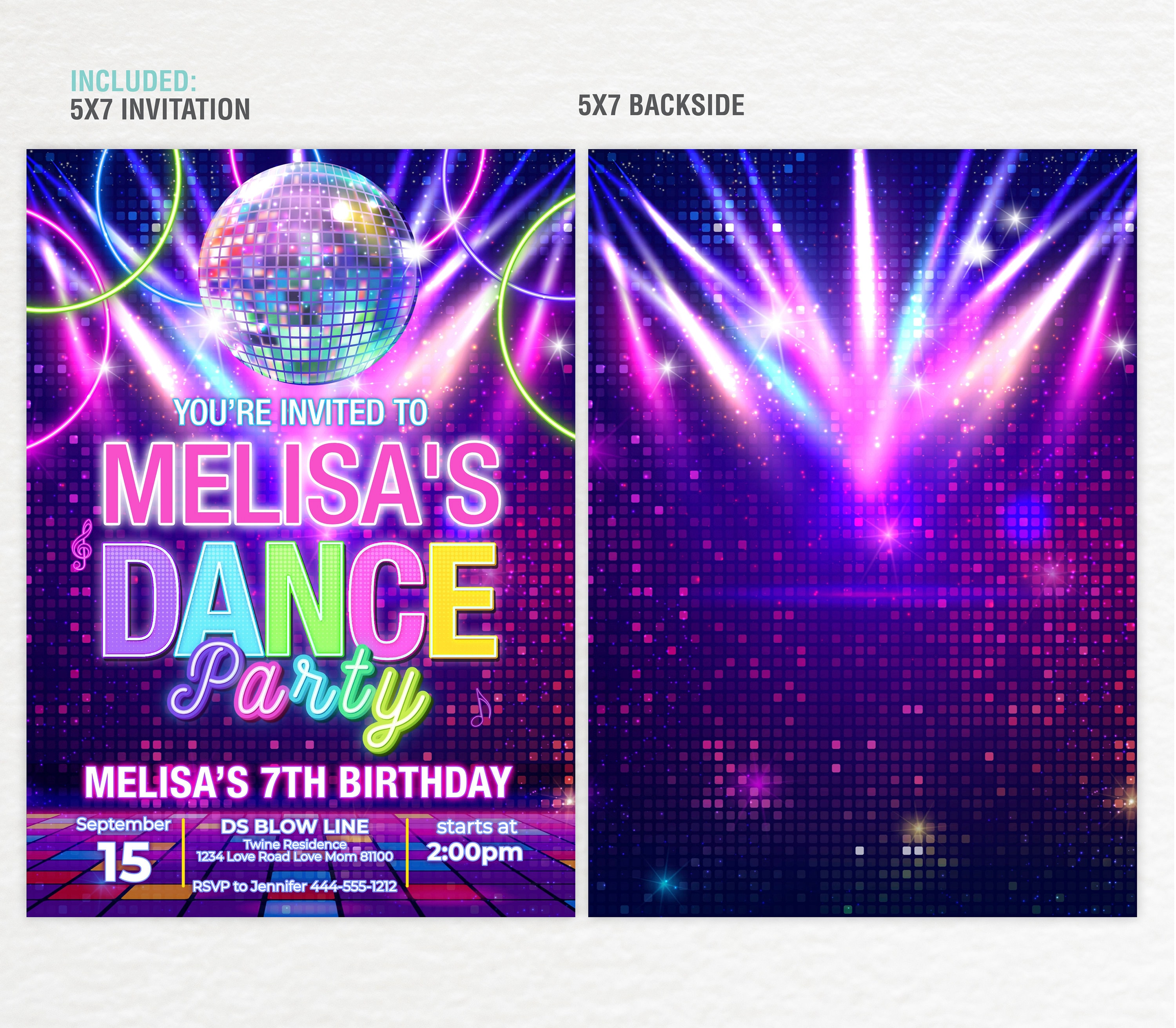 Invitation de soirée dansante disco filles avec photo danser et célébrer  l'invitation à une fête d'anniversaire sur le thème de la musique au néon  mouvement et groove soirée dansante pour enfants 
