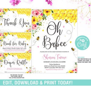 Paquete de invitación para baby shower con tema de abejas EDITABLE, invitación para baby shower Oh Baby, rifa de pañales, solicitud de libro, invitación digital con tema de abejas, DESCARGA INSTANTÁNEA