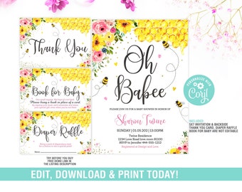Inbjudningspaket med bi-babyshower, REDIGERINGSBAR, Oh Baby-babyshowerinbjudan, blöjlotteri, bokförfrågan, digital inbjudan med bi-tema, DIREKT NEDLADDNING