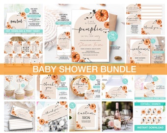 Pumpkin Baby Shower Invitation BundleEDITABLE, Fall Autumn Baby shower Games, Gender-Neutral Cute Pumpkin Baby Shower Decorations Printable