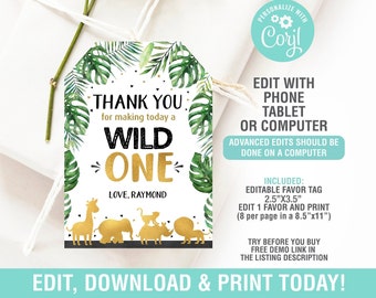 Safari Thank You Tags, Safari Favor Tags, Safari 1st Birthday,Jungle Gift Tags,Wild Animals,Safari Party favor, EDITABLE