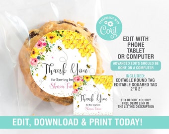 Bee Favor Tags Thank you Favor, BEE Baby Shower EDITABLE, 2" tag Label, Bee Birthday Favor Tag, Printable Instant Download