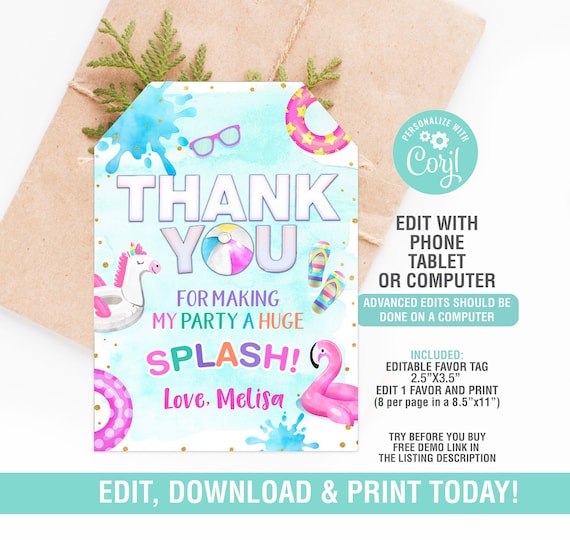 Pool Party Favor Tag EDITABLE, Thank You Tags, Pool Party Thank You Tag ...