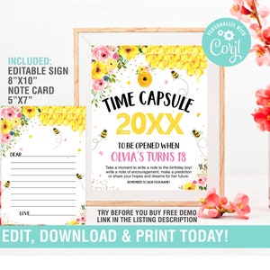 Bee Time Capsule EDITABLE, Matching Note Cards Bumble Bee Safari Time Capsule, 1st Birthday Honey Baby Time Capsule Printable