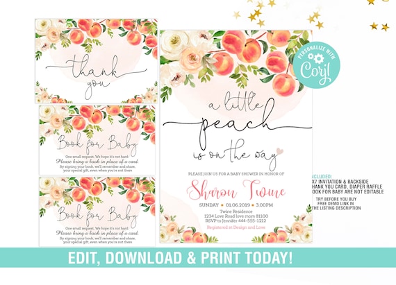 Peach Baby Shower Invitation Set EDITABLE, Sweet Little Peach Baby Shower Bundle,Baby Shower Invite Package, Diaper Raffle, Book for Diapers Il_570xn