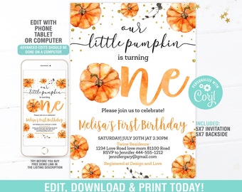 Invito per il primo compleanno di zucca MODIFICABILE, il nostro piccolo invito per il compleanno di zucca, invito per il primo compleanno di zucca per bambine, download immediato