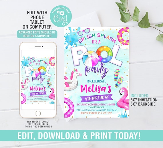 Pool Party Invitation, Pool Invitation, Summer Pool Party Birthday Invite, Instant Download Il_570xn