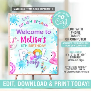 May include: Editable welcome sign for a pool party with a blue, pink, and yellow color scheme. The sign says "Splish Splash Welcome to Melisa's 5th Birthday Pool Party".