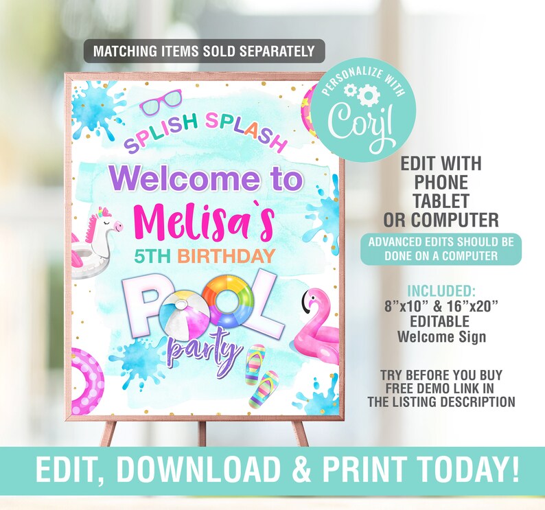 May include: Editable welcome sign for a pool party with a blue, pink, and yellow color scheme. The sign says "Splish Splash Welcome to Melisa's 5th Birthday Pool Party".