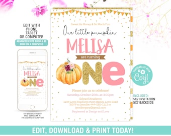 Invito per il primo compleanno di zucca MODIFICABILE, il nostro piccolo invito per il compleanno di zucca, invito per il primo compleanno di zucca per bambine, download immediato