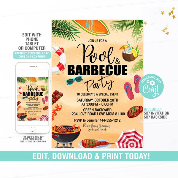 BBQ and Pool Party Invitations EDITABLE, Backyard BBQ and Pool Invite, Summer Party Invitation, Digital